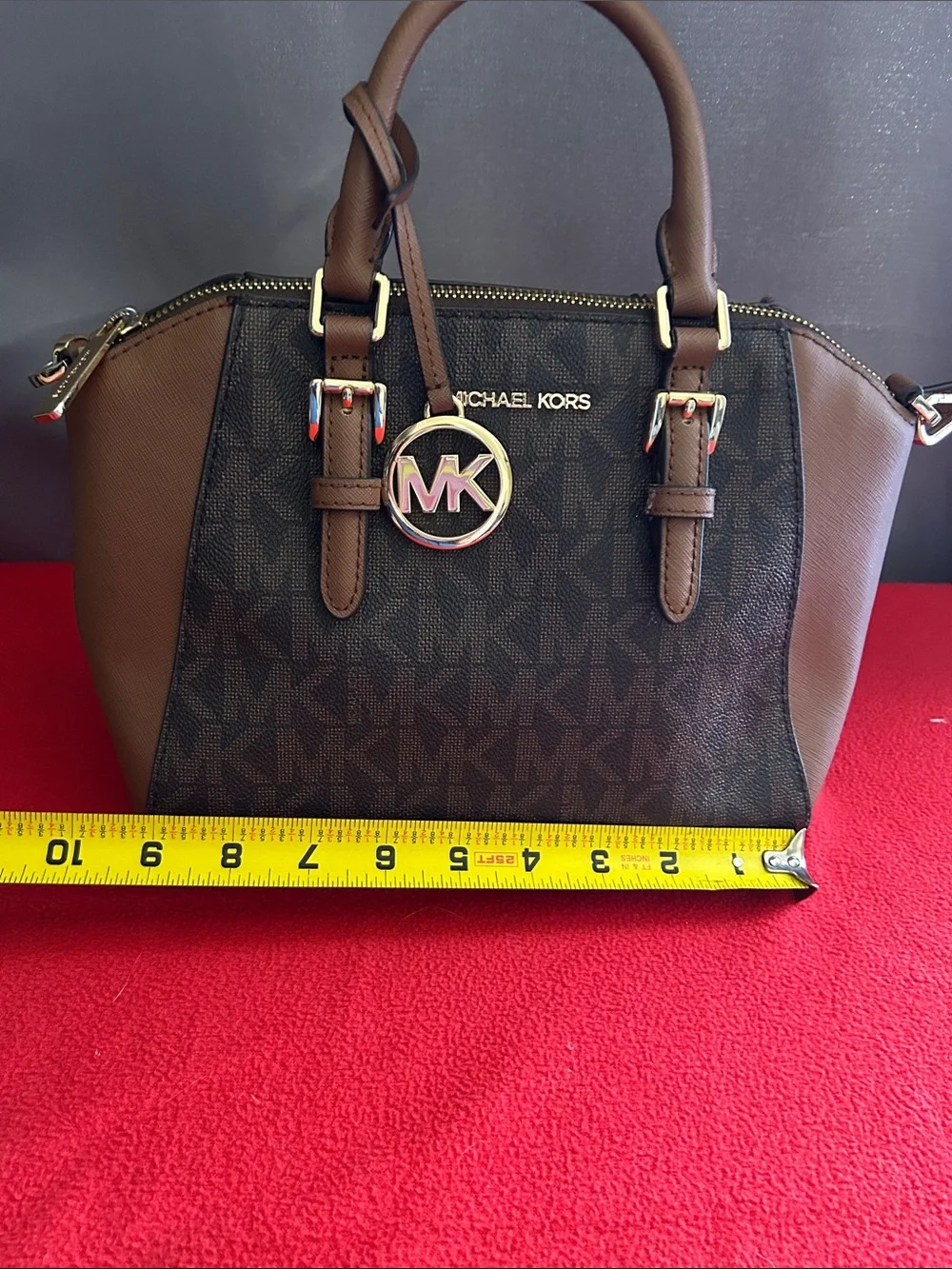 Michael Kors Ciara Brown and black Signature Logo Satchel with Gold Hardware